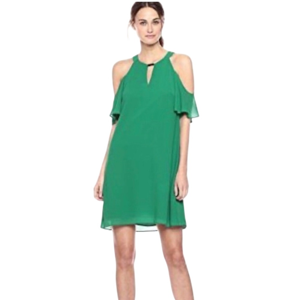 Vince Camuto Float Chiffon Green Cold-Shoulder Keyhole Mini Dress Sz 8
